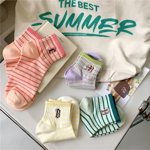 Women's summer short socks with cute embroidered letters and colorful striped design.