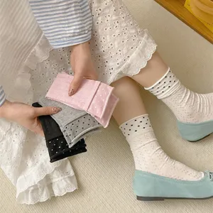 Detailed view of women summer sheer mesh polka dot ruffle mid-calf socks in soft fabric.