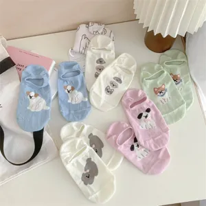 Zomer schattige puppy geborduurde vrouwen ondiepe sokken antislip ademende onzichtbare sokken