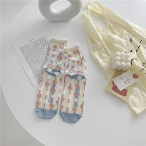 Sheer mesh floral mid-calf socks for women, transparent crystal silk spring summer hosiery.