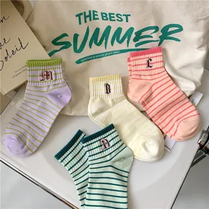 Women striped short socks with embroidered letters cotton breathable summer ankle socks