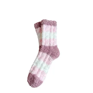 Fluffy coral fleece striped fuzzy socks for women warm winter cozy sleep floor socks.