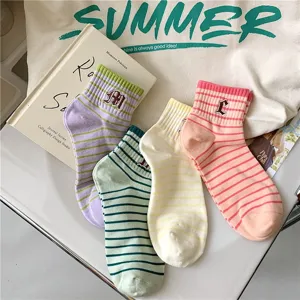 Women cute striped ankle socks with letter embroidery casual cotton hosiery multi-color
