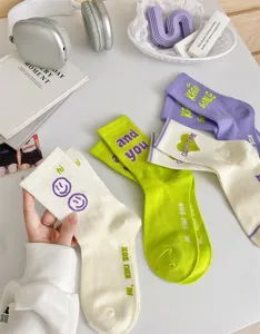 Women's mid-tube socks cute cotton spring summer kawaii smiley face casual socks