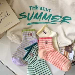 Women colorful striped short socks with cute letter embroidery cotton ankle socks daily wear