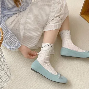 Summer thin women's mesh mid-tube socks with cute polka dot rolled cuffs and ballet flats.