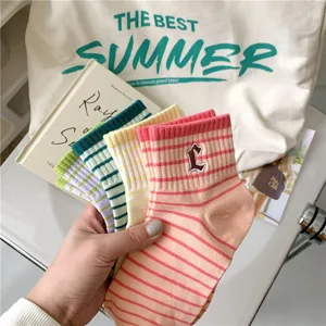 Summer striped women's short socks with cute letter C embroidery sweet style ankle socks.
