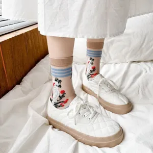 Damen dünne Kristallseide Socken Mittelschlauch Mesh Lolita floral gestickt Freizeit Alltag