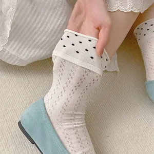 Summer women mesh polka dot rolled cuff crew socks ballet core breathable casual ankle socks