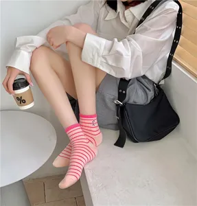 Women pink striped mid tube socks with cute letter embroidery cotton casual daily wear