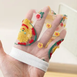 Transparente Mesh Socken Damen Sommer dünne Kristallseide süße Cartoon Stickerei
