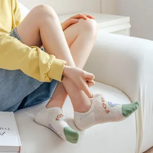 Comfortable women's low-cut boat socks with cute letter prints and green toe for daily wear.