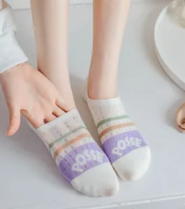 Women low cut invisible boat socks, cute striped letter design, comfortable breathable short socks.