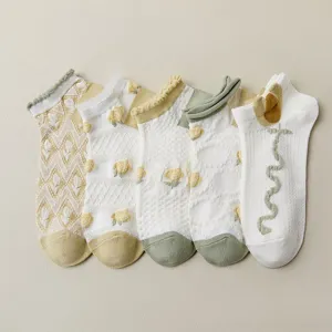 Close-up detail of cute floral mesh boat socks set, breathable candy color ankle socks.