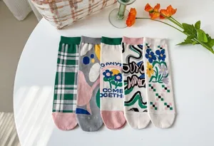 Women spring summer mid tube socks cute floral grid trendy cartoon pattern casual cotton hosiery