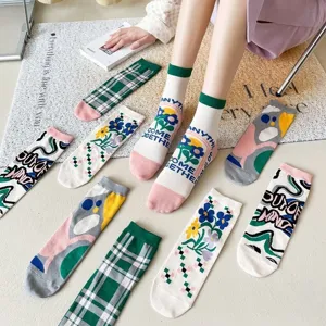 Women mid tube socks assorted floral plaid patterns cute casual cotton socks detail view