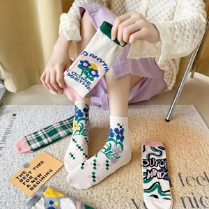 Cute floral and checkerboard mid-calf socks for women, comfortable breathable cotton casual socks.