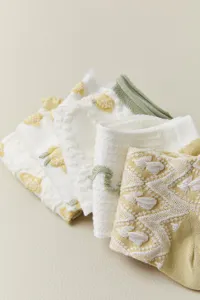 Detail shot of women summer mesh short socks with cute floral and plant jacquard patterns.