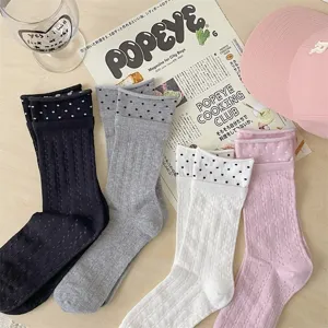 Women summer thin mid tube socks ballet style rolled cuff polka dot mesh breathable hosiery