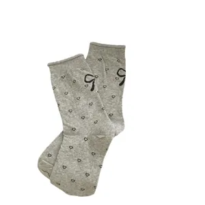Women summer thin ballet style grey mid-tube socks with cute bow and heart jacquard design.