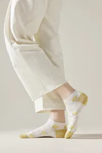 Women breathable mesh low cut socks with cute yellow floral pattern for spring and summer daily wear.