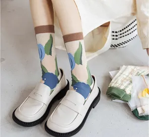 Women mesh mid-calf socks floral sheer crystal silk casual hosiery vintage design footwear