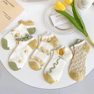 Cute floral mesh women socks sweet ruffles short boat socks spring summer casual daily wear