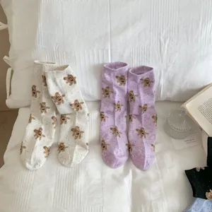 Cute cartoon bear printed mid-tube socks for women, flecked yarn sweet style casual daily hosiery.