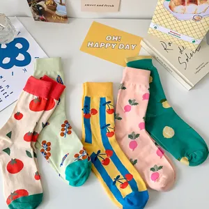 Cute fruit and vegetable pattern cotton mid-calf socks for women spring summer style.