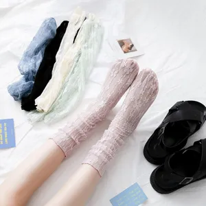Women sheer lace ruffle socks breathable thin summer hosiery Japanese style floral mesh mid tube socks