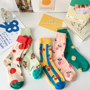 Cute fruit and vegetable pattern mid tube socks spring summer casual college style cotton socks