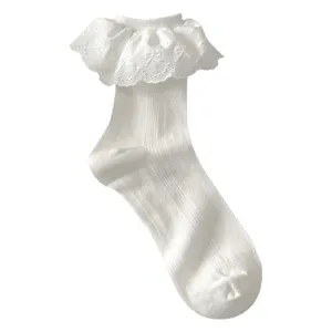 White ruffle lace bow embroidered ankle socks detail close-up for sweet Lolita style outfits.