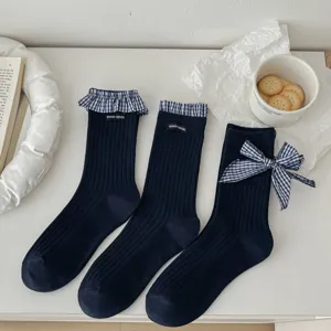 Dark blue Korean style mid-calf socks with plaid ruffles and cute bows for daily wear.