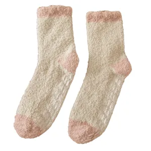 Fluffy coral fleece women anti-slip floor socks winter cozy warm sleep mid tube socks