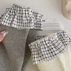 Chaussettes mi-hautes à volants à carreaux doux pour femmes, style japonais mignon coton.