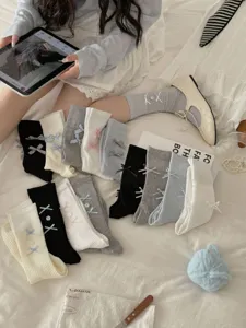 Japanese sweet bow mid-calf socks women sweet lolita stacked socks cute cotton hosiery