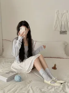 White lace ruffle socks for women, cute Japanese lolita thin cotton hosiery detail.