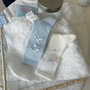 Korean Japanese style cute lace bow socks sweet cotton mid-tube socks white blue pair