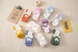Cozy fuzzy coral fleece winter room socks for women, thick warm heart pattern sleep floor socks