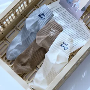 Men's cotton short socks detail, retro Japanese style boat socks with Save Money embroidery.