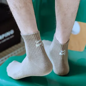 Cotton men short socks retro ribbed design with trendy embroidery detail for daily wear.