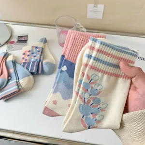 Cute floral embroidered mid-tube socks for women, spring summer pink and blue cotton socks.