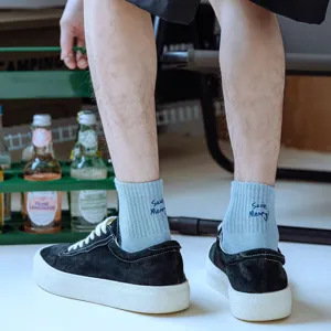 Men's light blue cotton short socks with English embroidery, comfortable retro casual daily wear.