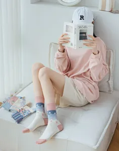 Cute spring women mid-tube socks with pink blue color block, floral and cloud embroidery design.