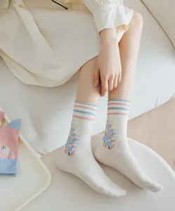 Cute women mid calf socks with pink blue stripes and tulip floral embroidery spring casual wear