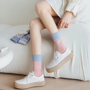 Cute spring women mid tube socks with sweet tulip embroidery casual daily wear footwear
