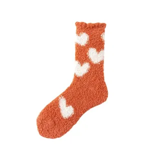 Women winter fuzzy coral fleece socks cute white heart pattern warm thick sleep floor socks