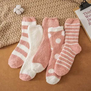 Women Winter Thickened Coral Fleece Sleep Socks Warm Fuzzy Soft Cozy Home Floor Socks Cute Polka Dot Striped Casual Socks