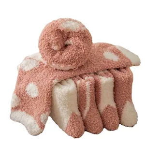 Cozy coral fleece women socks, cute pink polka dot fluffy thermal sleep floor socks.