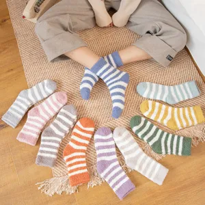 Dames dikke pluche gestreepte koraal fleece sokken winter warme thuis slaap vloer sokken